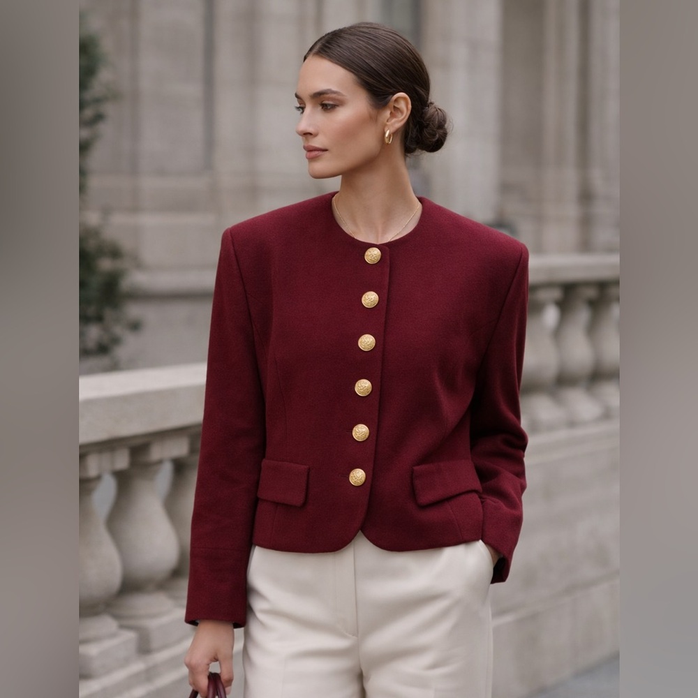 Striking Vintage Burgundy Blazer with Gold Buttons
